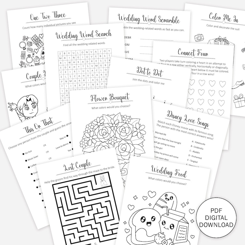 May include: A printable set of wedding-themed coloring pages and games. The pages include a word search, word scramble, connect four, dot-to-dot, a flower bouquet, a lost couple maze, a Disney love songs matching game, and a wedding food coloring page. The pages are black and white and ready to be colored.