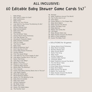 Puede incluir: Un conjunto de 60 tarjetas de juego para baby shower imprimibles, cada una con una medida de 12,7 x 17,8 cm. Las tarjetas presentan una variedad de juegos, que incluyen bingo, trivia y juegos de palabras. El texto "ALL INCLUSIVE" est&aacute; en la parte superior de la p&aacute;gina.