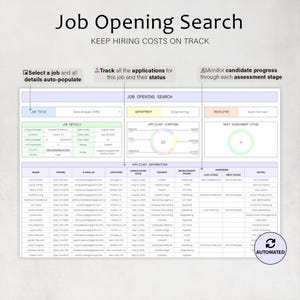 May include: A digital interface for job opening searches, with a spreadsheet layout. The title "Job Opening Search" is displayed at the top, with the text "KEEP HIRING COSTS ON TRACK" below it. The interface includes sections for job details, applicant overview, and applicant information.