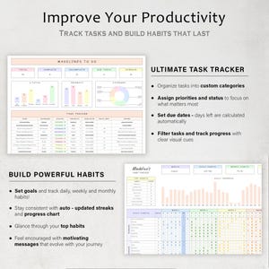 May include: A productivity-focused image with the text "Improve Your Productivity" and "Track Tasks and Build Habits That Last." It features a task tracker and habit tracker, with bullet points outlining key features like organizing tasks and setting goals.