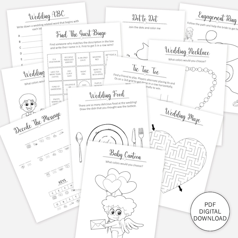 May include: A set of printable wedding-themed activity sheets for a bridal shower or bachelorette party. The sheets include games like "Wedding ABC", "Find the Guest Bingo", "Wedding Food", "Wedding Maze", "Baby Cartoon", "Wedding Necklace", "Tic Tac Toe", "Decode the Message", "Dot to Dot", and "Engagement Ring".