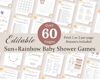 Zestaw gier na baby shower w słońcu, impreza dla par, baby shower dla chłopców i dziewcząt, tęczowa prognoza boho, ciekawostki o dziecku, możliwość edycji