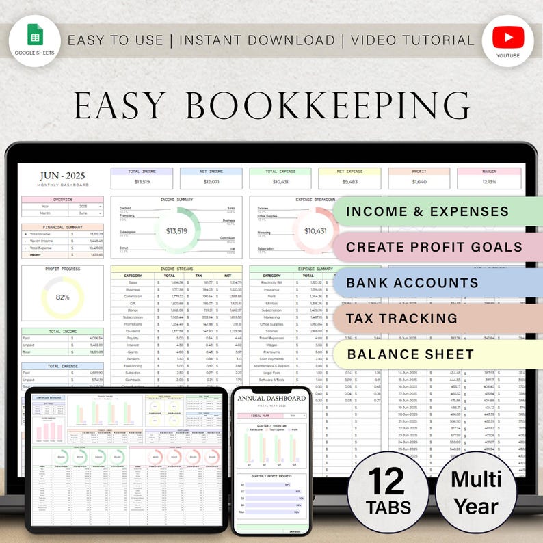 May include: A digital bookkeeping spreadsheet displayed on a laptop, tablet, and smartphone. The spreadsheet includes sections for income, expenses, profit goals, bank accounts, tax tracking, and a balance sheet. The text "Easy Bookkeeping" is at the top.