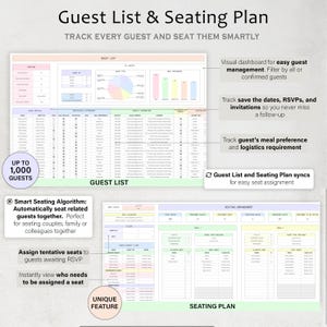 May include: A digital guest list and seating plan template with a white background. The template includes sections for guest details, seating arrangements, and a visual dashboard. Text includes "Guest List & Seating Plan" and "Track Every Guest and Seat Them Smartly."