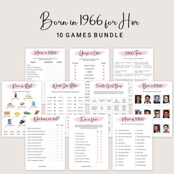 60th Birthday Games for Women 60th Birthday Party Games for Her Born in 1966 Game 1966 Trivia Quiz Activity Bundle Instant Digital PRINTABLE