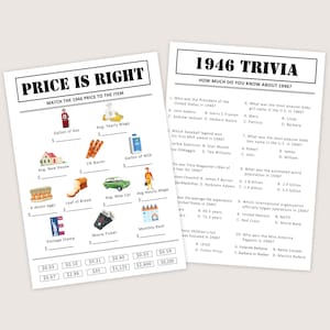 Puede incluir: Dos hojas de juego de trivia de &eacute;poca. Una titulada "Price is Right" con ilustraciones de art&iacute;culos como un gal&oacute;n de gasolina y una casa nueva. La otra hoja se titula "1946 Trivia" con preguntas de opci&oacute;n m&uacute;ltiple sobre el a&ntilde;o 1946.
