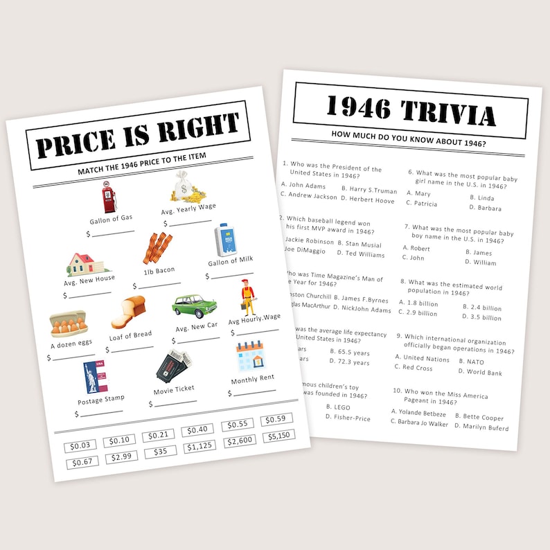 Puede incluir: Dos hojas de juego de trivia de &eacute;poca. Una titulada "Price is Right" con ilustraciones de art&iacute;culos como un gal&oacute;n de gasolina y una casa nueva. La otra hoja se titula "1946 Trivia" con preguntas de opci&oacute;n m&uacute;ltiple sobre el a&ntilde;o 1946.