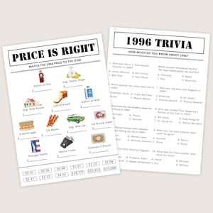 May include: Two white paper sheets with black text. One sheet is titled "PRICE IS RIGHT" with items like a gallon of gas and a new house. The other sheet is titled "1996 TRIVIA" with trivia questions about 1996.