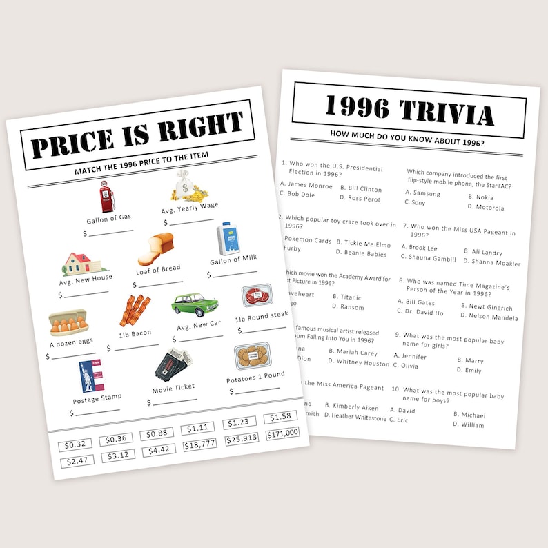 May include: Two white paper sheets with black text. One sheet is titled "PRICE IS RIGHT" with items like a gallon of gas and a new house. The other sheet is titled "1996 TRIVIA" with trivia questions about 1996.