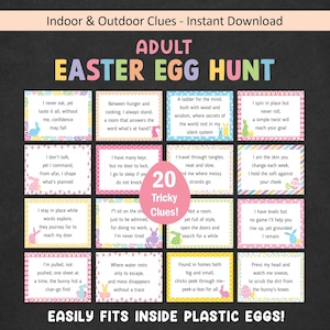 May include: A printable Easter egg hunt game for adults. The design features 20 tricky clues on individual cards, each with a riddle and a decorative Easter bunny illustration. The text "ADULT EASTER EGG HUNT" is prominently displayed.
