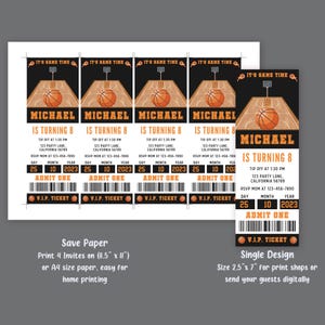 May include: Four printable basketball-themed invitations for a child's birthday party. Each invitation is designed to look like a ticket with the text "It's Game Time" and "Michael is turning 8".