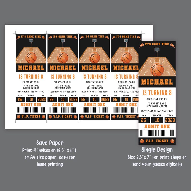 May include: Four printable basketball-themed invitations for a child's birthday party. Each invitation is designed to look like a ticket with the text "It's Game Time" and "Michael is turning 8".