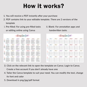 May include: A digital download of a printable family chore chart. The chart is divided into days of the week and includes a variety of chores. The chart is available in two versions: pre-filled and blank. The pre-filled version includes a list of chores, while the blank version allows users to add their own chores.