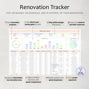 Peut inclure: Un suivi num&eacute;rique de r&eacute;novation intitul&eacute; "Renovation Tracker" avec le texte "Restez dans les limites du budget, dans les d&eacute;lais et ma&icirc;trisez votre r&eacute;novation". Le suivi comprend des sections pour le budget, la progression et la r&eacute;partition des co&ucirc;ts.