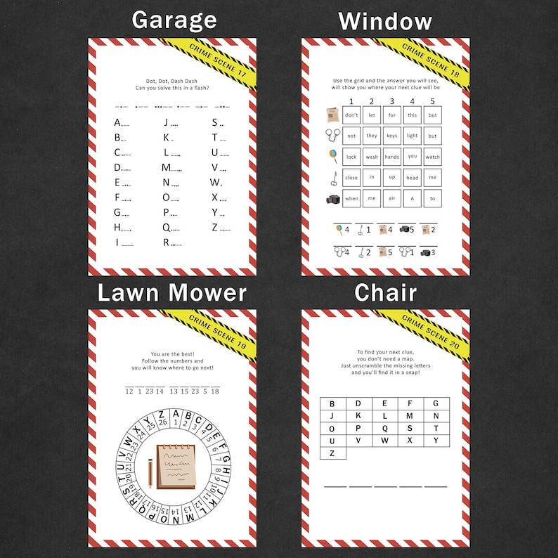 May include: Four printable escape room puzzles on white paper with red and yellow borders. Each puzzle is labeled with a crime scene number and includes text-based clues and challenges. The puzzles are titled "Garage", "Window", "Lawn Mower", and "Chair".