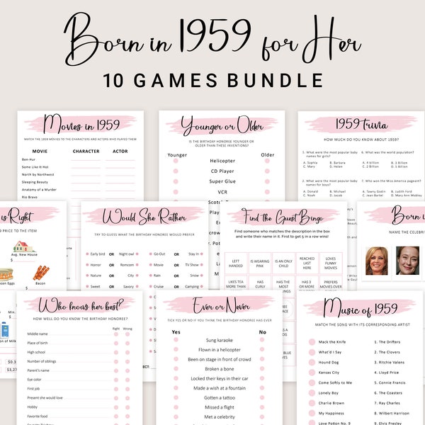 Jeux de 65e anniversaire pour les femmes Jeux de fête de 65e anniversaire pour elle née en 1959 Jeu 1959 Trivia Quiz Activity Bundle Instant Digital PRINTABLE