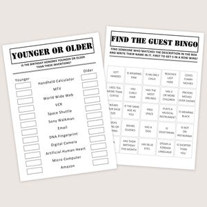 May include: Two white paper sheets with black text. One sheet is a game called "Younger or Older" with a list of inventions. The other is "Find the Guest Bingo" with descriptive prompts.