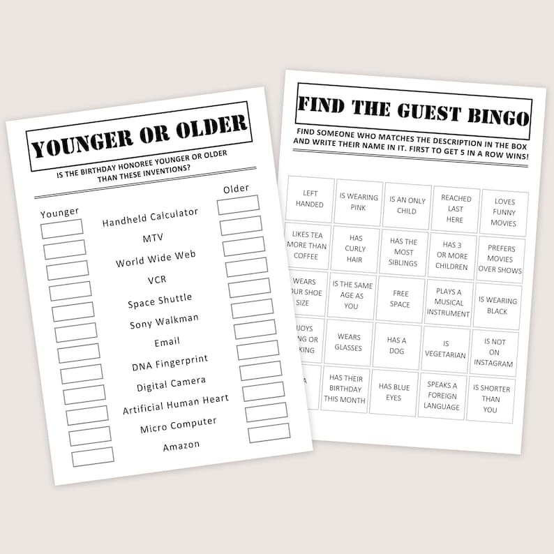 May include: Two white paper sheets with black text. One sheet is a game called "Younger or Older" with a list of inventions. The other is "Find the Guest Bingo" with descriptive prompts.