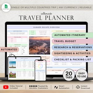 以下が含まれることがあります： 旅程、予算、チェックリストのセクションを備えた、デジタル旅行プランナーを表示するラップトップ。画面には、目的地の詳細とカウントダウンが表示された夏の脱出の概要が表示されます。タブレットとスマートフォンには、プランナーのインターフェースが表示されます。