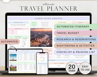Planificador de viajes Plantilla de itinerario de viaje Planificador de viajes Hojas de cálculo de Google Planificador de vacaciones Hoja de cálculo de presupuesto de vacaciones Lista de verificación Guía de lista de empaque