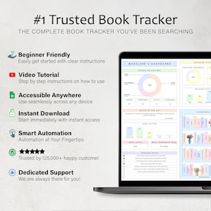May include: A laptop screen displays a book tracker dashboard with charts and graphs. The text reads "#1 Trusted Book Tracker" and highlights features like "Beginner Friendly" and "Instant Download."