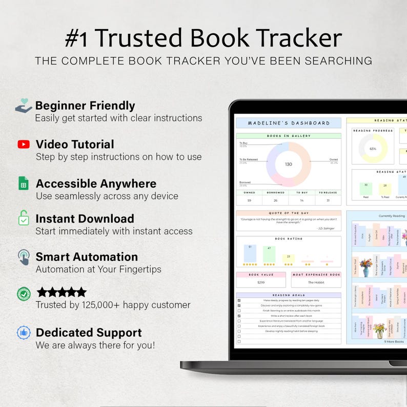 May include: A laptop screen displays a book tracker dashboard with charts and graphs. The text reads "#1 Trusted Book Tracker" and highlights features like "Beginner Friendly" and "Instant Download."