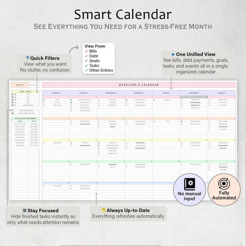 May include: A digital smart calendar with the text "Smart Calendar" and "See Everything You Need For A Stress-Free Month". The calendar displays a monthly view with color-coded sections for tasks, bills, and goals.