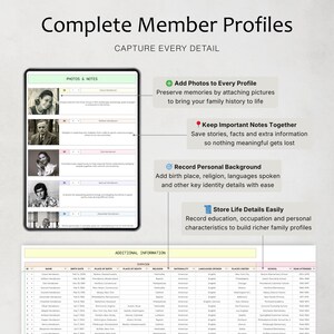 May include: A digital tablet displaying a family history app interface. The screen shows profile photos, notes, and fields for birth details, religion, and languages. Text reads "Complete Member Profiles" and "Capture Every Detail."
