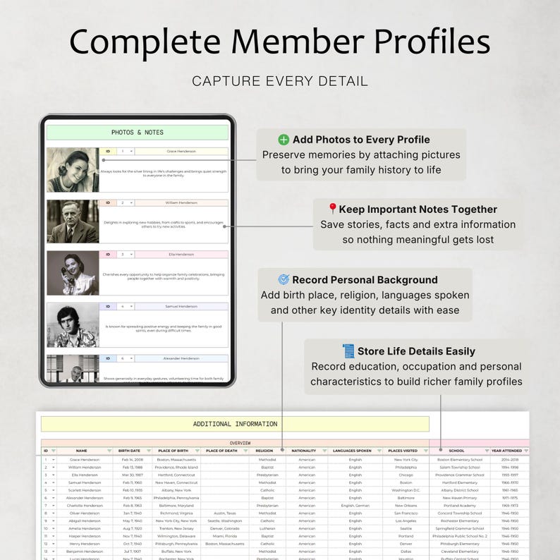 May include: A digital tablet displaying a family history app interface. The screen shows profile photos, notes, and fields for birth details, religion, and languages. Text reads "Complete Member Profiles" and "Capture Every Detail."