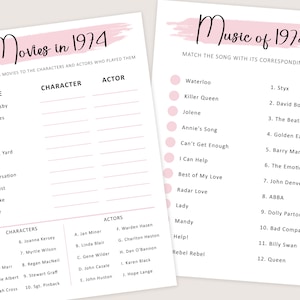 50th Birthday Games for Women 50th Birthday Party Games for Her Born in 1974 Game 1974 Trivia Quiz Activity Bundle Instant Digital PRINTABLE image 5