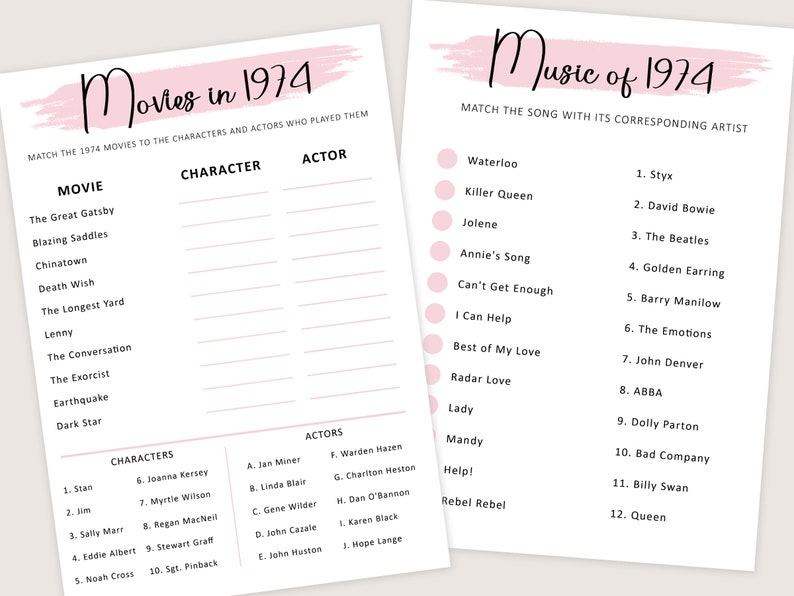50th Birthday Games for Women 50th Birthday Party Games for Her Born in 1974 Game 1974 Trivia Quiz Activity Bundle Instant Digital PRINTABLE image 5