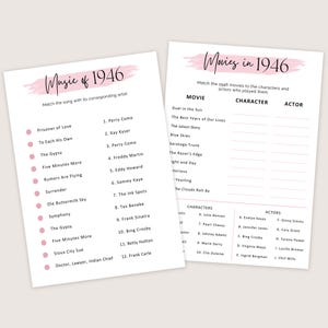 May include: Two white paper sheets with pink accents feature text about 1946. One sheet is titled "Music of 1946" and lists songs and artists. The other sheet is titled "Movies in 1946" and lists movies, characters, and actors.