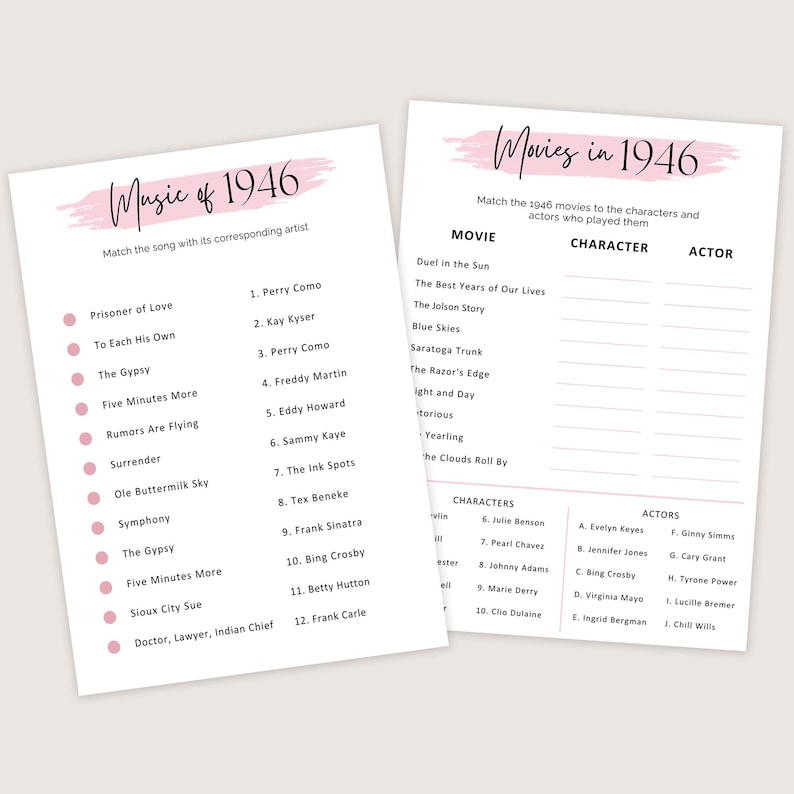 May include: Two white paper sheets with pink accents feature text about 1946. One sheet is titled "Music of 1946" and lists songs and artists. The other sheet is titled "Movies in 1946" and lists movies, characters, and actors.