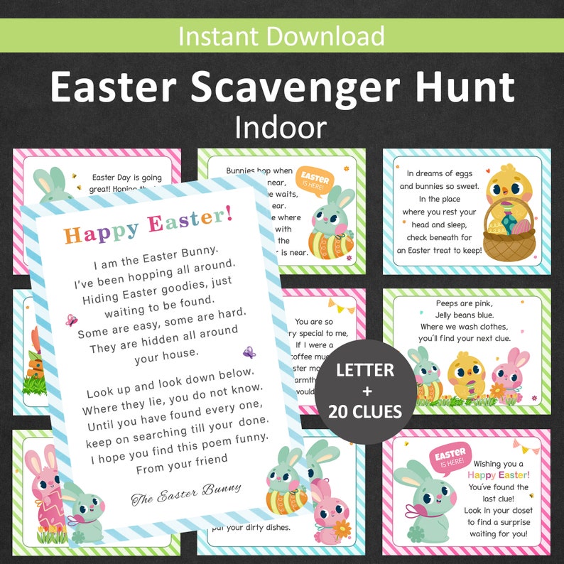 Easter Scavenger Hunt for Kids Easter Egg Hunt Clues Indoor Easter Bunny Treasure Hunt Easter Basket Riddle Hunt Older Kids Teens PRINTABLE image 1