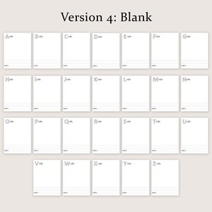 May include: A set of 26 blank cards, each with a letter of the alphabet in a handwritten style. The cards are arranged in rows and columns, with the text "Version 4: Blank" at the top. Each card has three horizontal lines at the bottom.