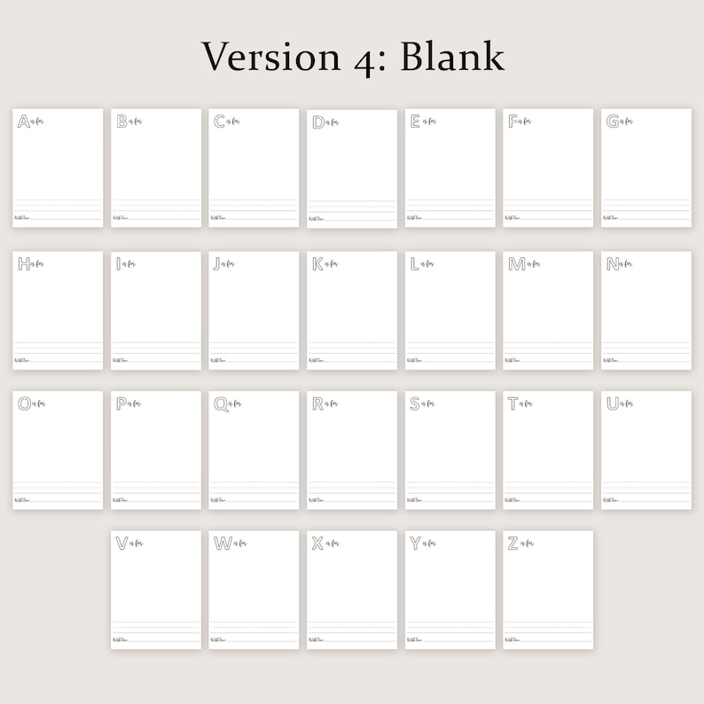 May include: A set of 26 blank cards, each with a letter of the alphabet in a handwritten style. The cards are arranged in rows and columns, with the text "Version 4: Blank" at the top. Each card has three horizontal lines at the bottom.