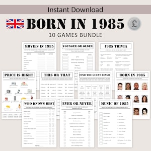 40th Birthday Games UK Bundle British 40th Birthday Party Game 1985 Trivia Born in 1985 40 year Men Women Him Her Pound PRINTABLE Digital