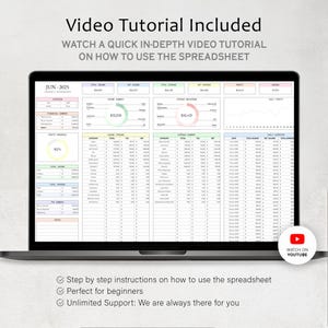 May include: A laptop displaying a spreadsheet with financial data, including income, expenses, and profit summaries. The screen shows the text "Video Tutorial Included" and "Watch on YouTube". The spreadsheet is labeled "JUN-2025" and includes a profit progress of 82%.