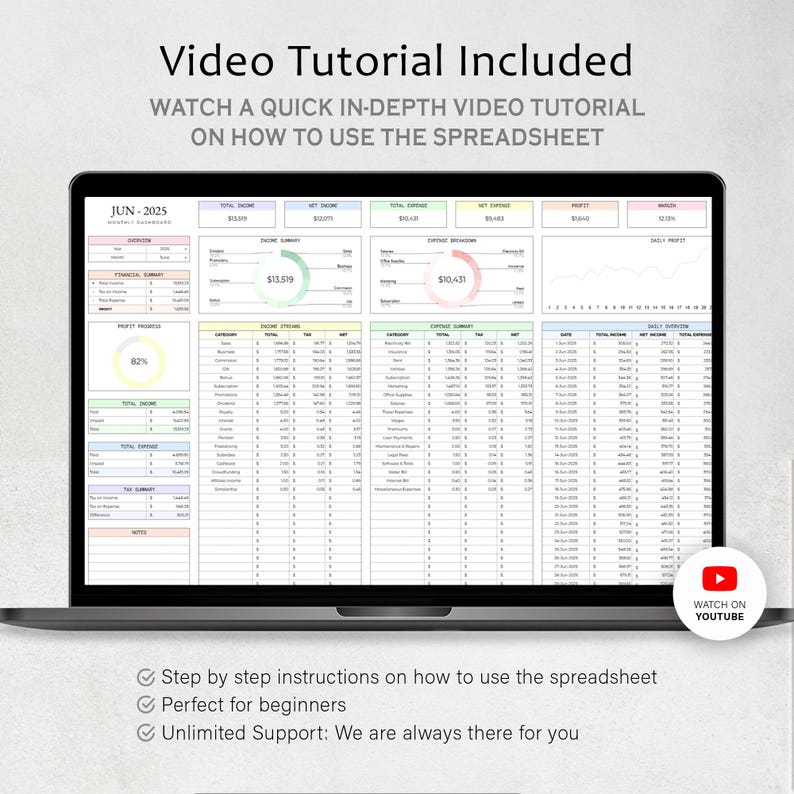 May include: A laptop displaying a spreadsheet with financial data, including income, expenses, and profit summaries. The screen shows the text "Video Tutorial Included" and "Watch on YouTube". The spreadsheet is labeled "JUN-2025" and includes a profit progress of 82%.