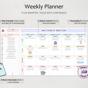 Może przedstawiać: Cyfrowy szablon planera tygodniowego zatytułowany Weekly Planner oraz Plan Smarter, Teach With Confidence. Siatka przedstawia dni od poniedziałku do piątku z miejscami na przedmioty, listą zadań i dekoracyjnymi naklejkami.