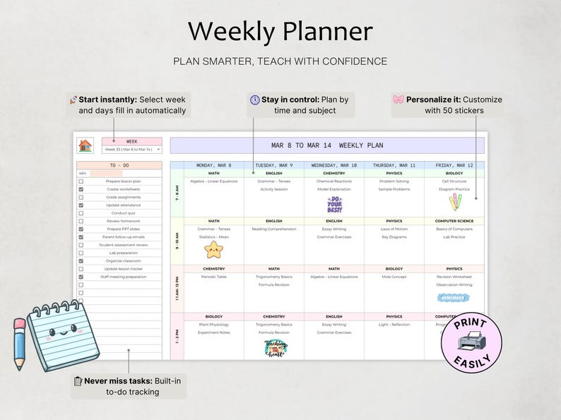 Może przedstawiać: Cyfrowy szablon planera tygodniowego zatytułowany Weekly Planner oraz Plan Smarter, Teach With Confidence. Siatka przedstawia dni od poniedziałku do piątku z miejscami na przedmioty, listą zadań i dekoracyjnymi naklejkami.