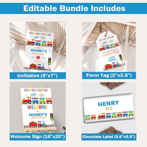 Op de afbeelding: Bewerkbare printset voor een trein-thema tweede verjaardag feestje. Inclusief een uitnodiging van 13x18 cm, een bedankkaartje van 5x9 cm, een welkomstbord van 41x51 cm en een chocolade-etiket van 14x14 cm. Het ontwerp bevat een kleurrijke trein met de tekst "Chugga Chugga" en "Twee".