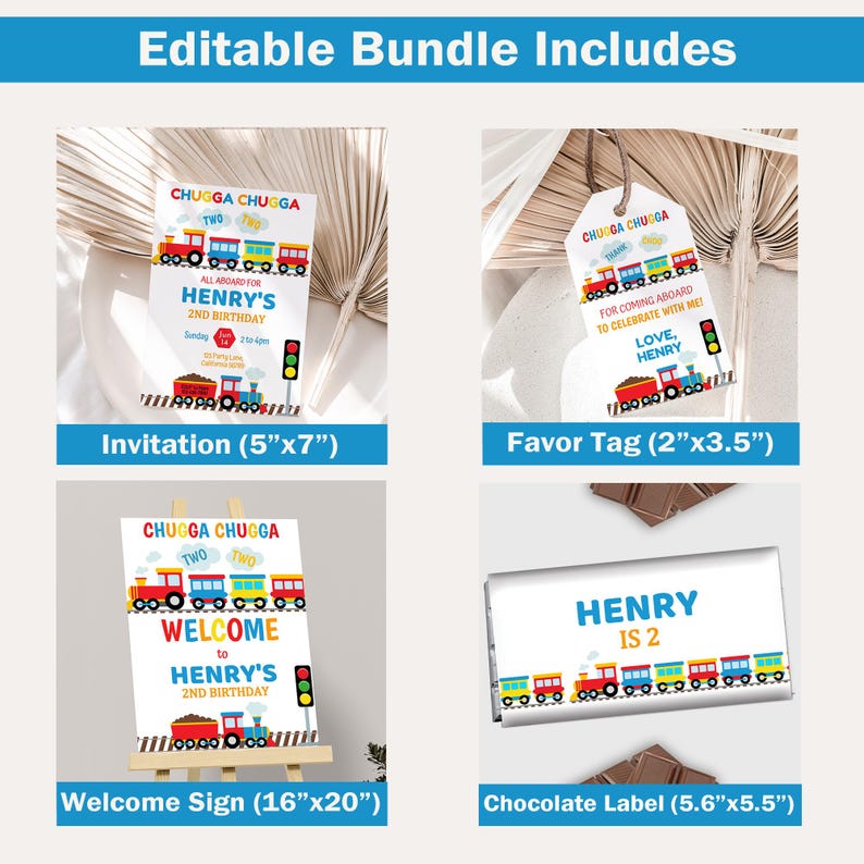 Op de afbeelding: Bewerkbare printset voor een trein-thema tweede verjaardag feestje. Inclusief een uitnodiging van 13x18 cm, een bedankkaartje van 5x9 cm, een welkomstbord van 41x51 cm en een chocolade-etiket van 14x14 cm. Het ontwerp bevat een kleurrijke trein met de tekst "Chugga Chugga" en "Twee".