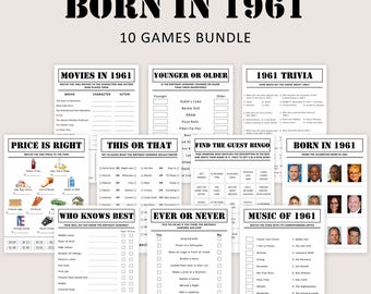 Lot de jeux pour 65e anniversaire Jeu de fête pour 65e anniversaire 1961 Anecdotes Né en 1961 65 ans Hommes Femmes Lui Son Quiz Imprimable numérique instantanée