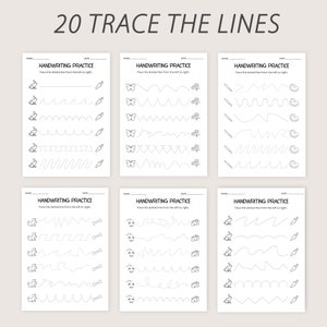 May include: A printable worksheet with 20 handwriting practice exercises for kids. Each exercise features a dotted line to trace from left to right, with a different animal or object at the beginning and end of each line. The worksheet is titled "20 Trace the Lines" and includes space for the child's name and the date.