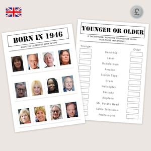 May include: Two white paper game sheets with black text. One sheet reads "BORN IN 1946" and features celebrity photos. The other sheet reads "YOUNGER OR OLDER" with a list of inventions. A British flag is in the upper left corner.