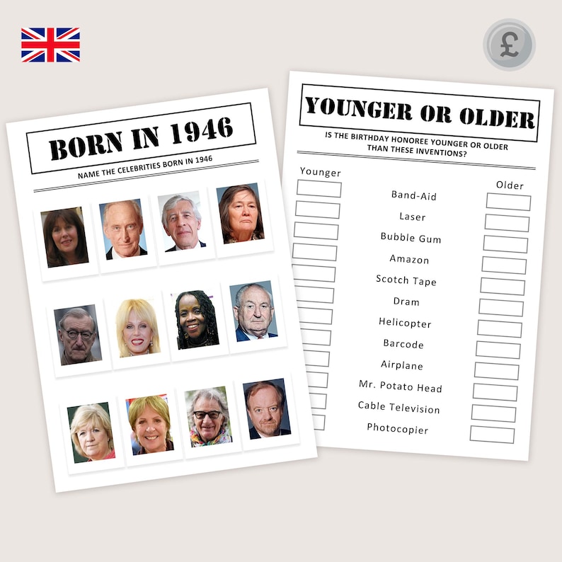 May include: Two white paper game sheets with black text. One sheet reads "BORN IN 1946" and features celebrity photos. The other sheet reads "YOUNGER OR OLDER" with a list of inventions. A British flag is in the upper left corner.