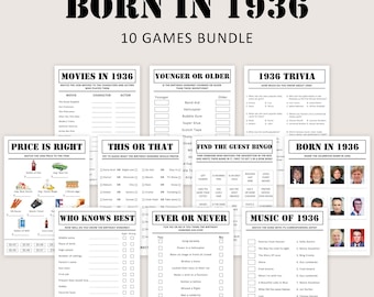 90th Birthday Games Bundle 90th Birthday Party Game 1936 Trivia Born in 1936 90 Year Old Men Women Him Her Quiz Printable Instant Digital