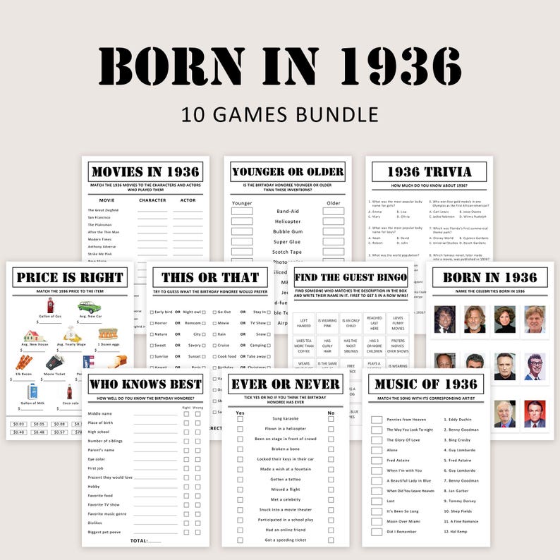 May include: A bundle of ten printable games with a "Born in 1936" theme. The games include trivia, bingo, and other fun activities. The text is in black on a white background. Perfect for a birthday party or celebration.