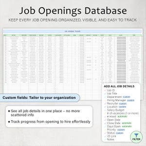 May include: A spreadsheet titled "Job Openings Database" with the text "KEEP EVERY JOB OPENING ORGANIZED, VISIBLE, AND EASY TO TRACK." Additional text includes "Custom fields: Tailor to your organisation" and "ADD ALL JOB DETAILS."